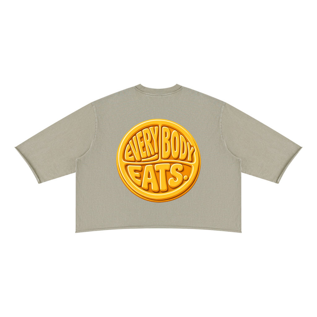 EVERYBODY EATS: MAC N CHEESE - Unisex Mineral Wash Raw Hem Boxy T-Shirt